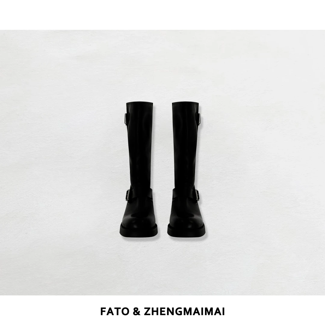 【郑买买】骑士靴 潮牌百搭复古简约褶皱韩版皮带扣长筒靴JL50831XZ