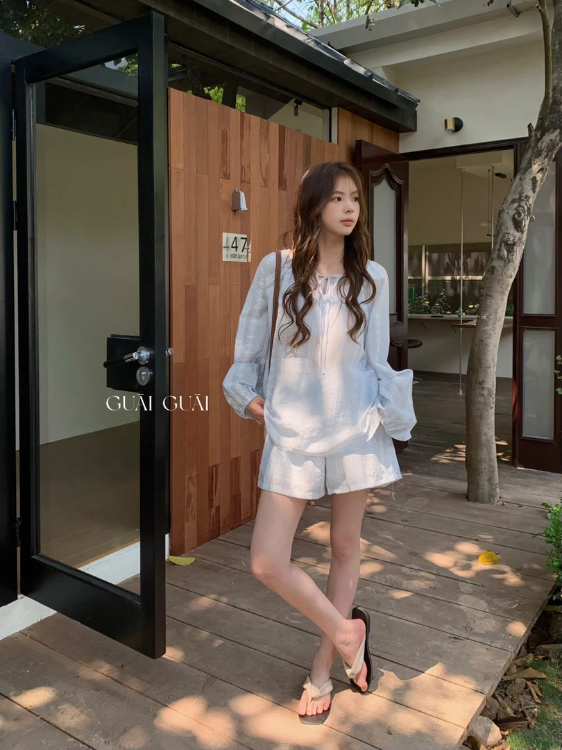 ZA#80766夏季福利刺绣套装短裤+长袖上衣，衣长：65cm，裤长：36cm