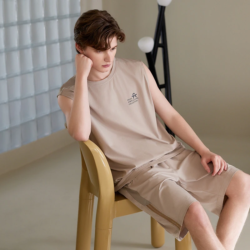 芬腾男士睡衣夏季无袖背心短裤薄款透气大码可外穿家居服套装