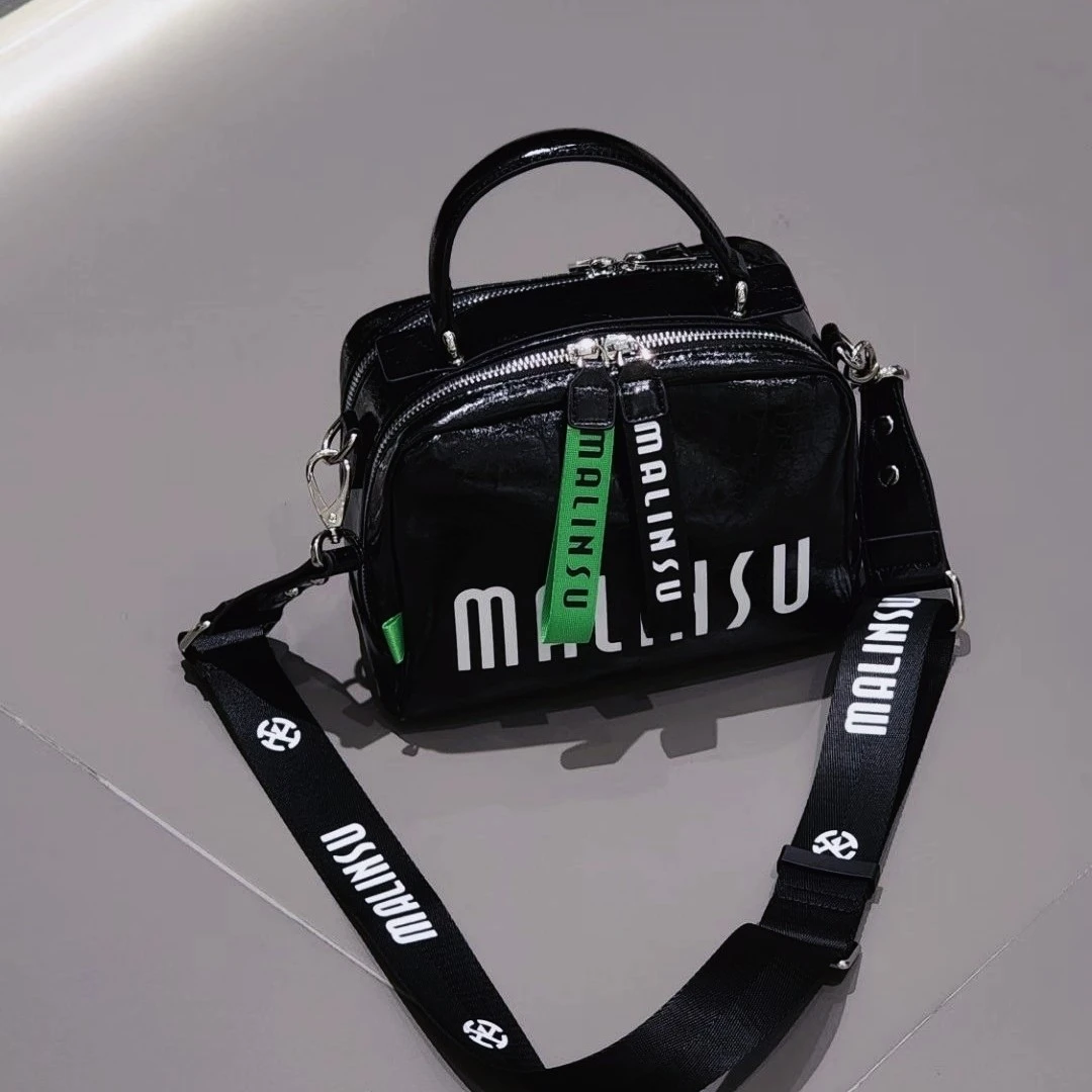 高品原创头层油蜡皮潮牌单肩女包纯色字母宽肩带斜挎手提包真皮