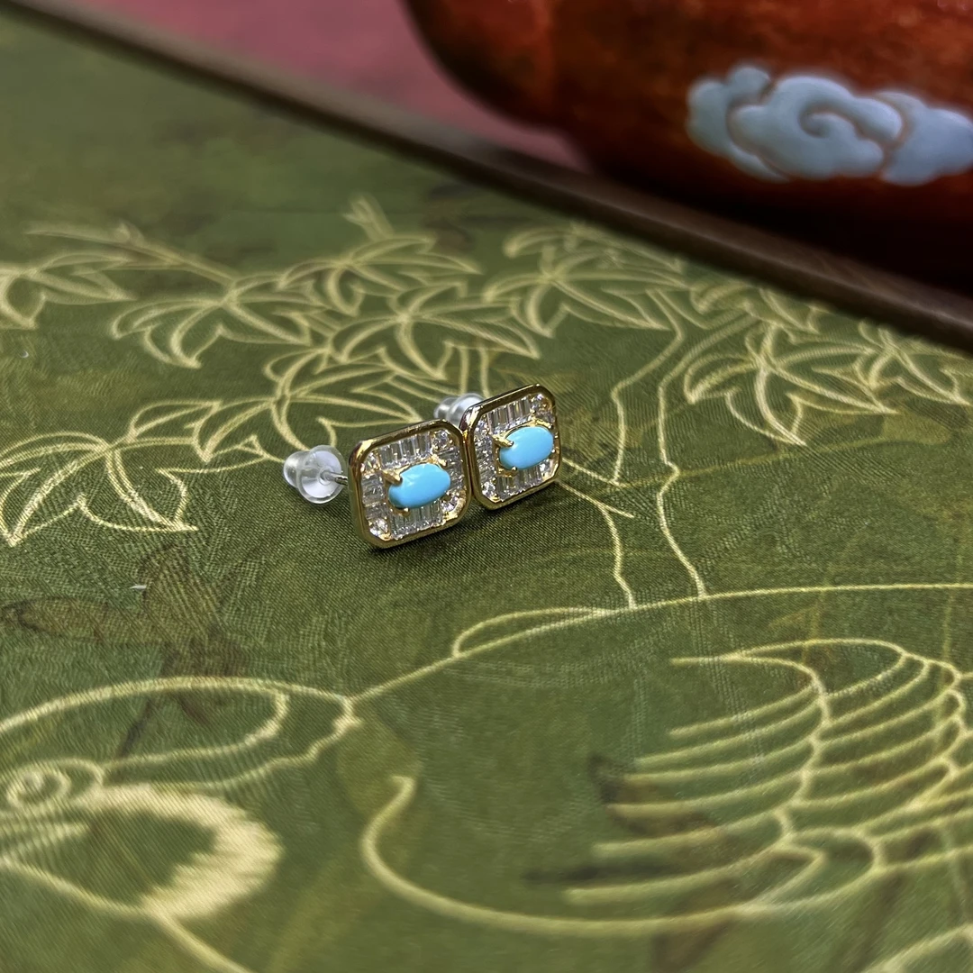 【珺笙珠宝】精品•原矿暴蓝绿松石925银镶嵌耳钉S1002105036