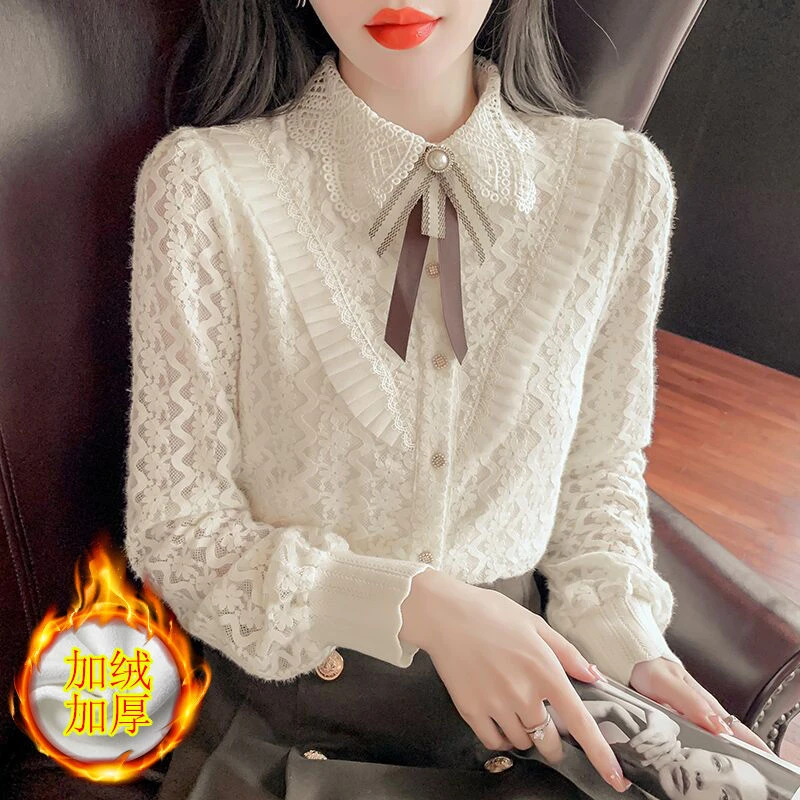 加绒加厚打底衫女秋冬新款时尚高档宽松蕾丝衬衫洋气百搭上衣衬衣