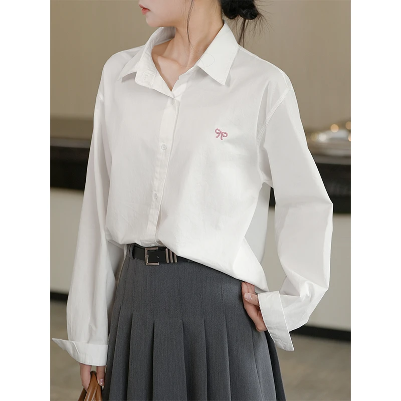 蝴蝶结刺绣白色衬衫女长袖2025春季新款韩版宽松显瘦打底衬衣上衣