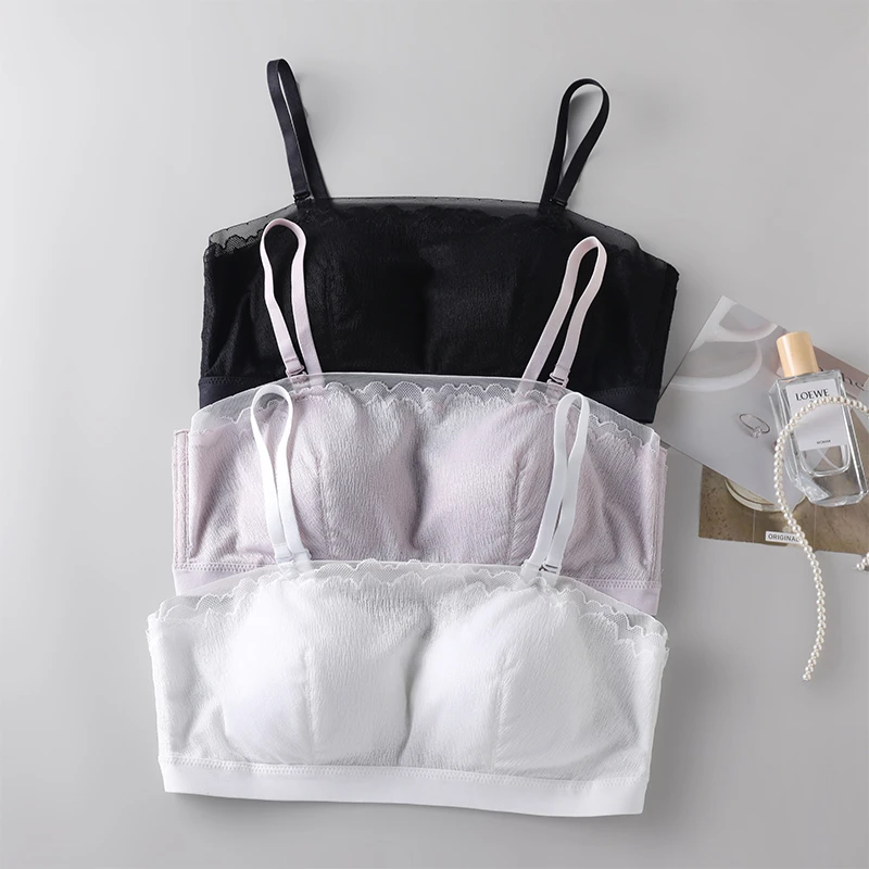 桑蚕丝抹胸式内衣女 蕾丝网纱拼接性感舒适真丝无钢圈防走光文胸