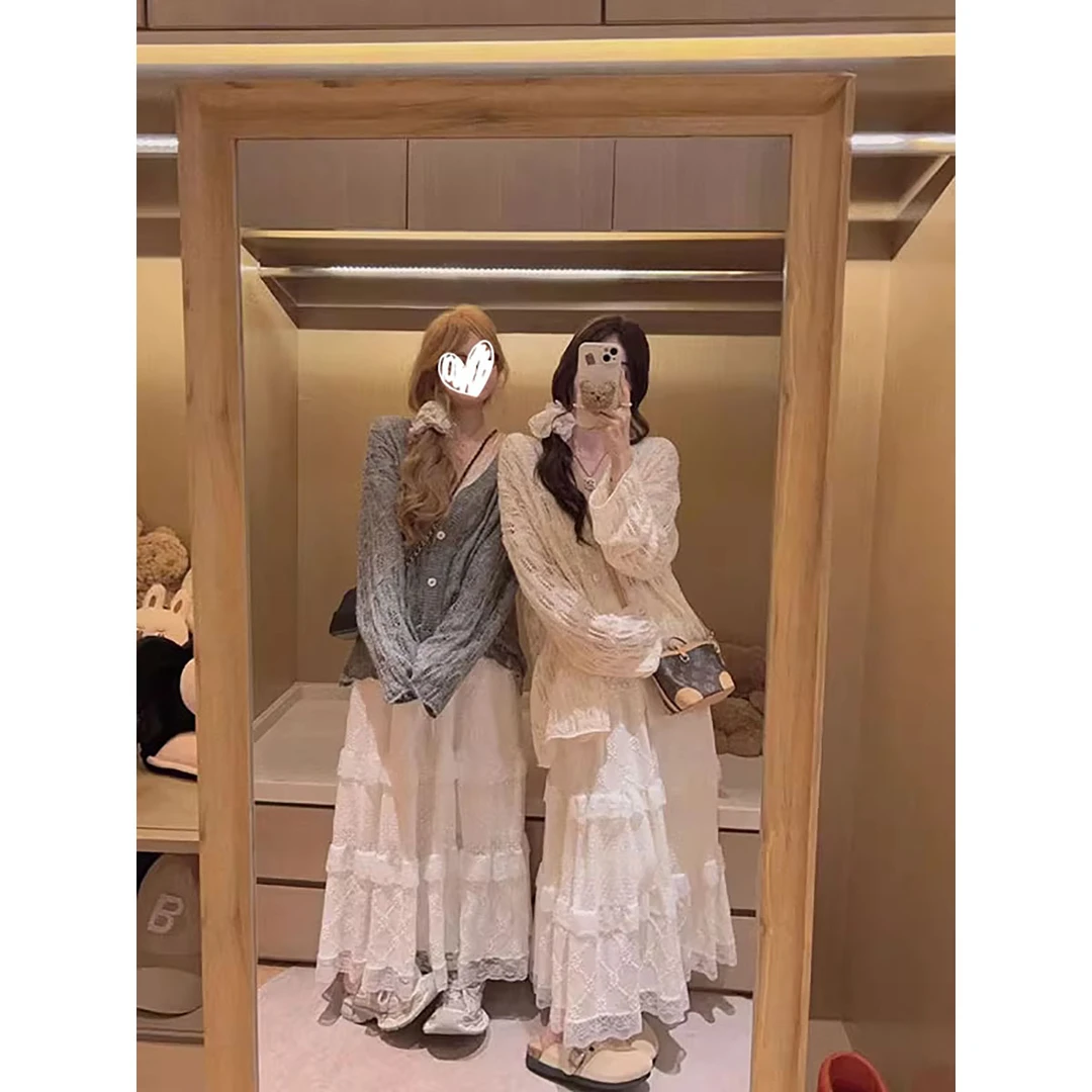 慵懒风镂空毛衣开衫针织外套上衣秋季新款设计感蕾丝边蛋糕半身裙