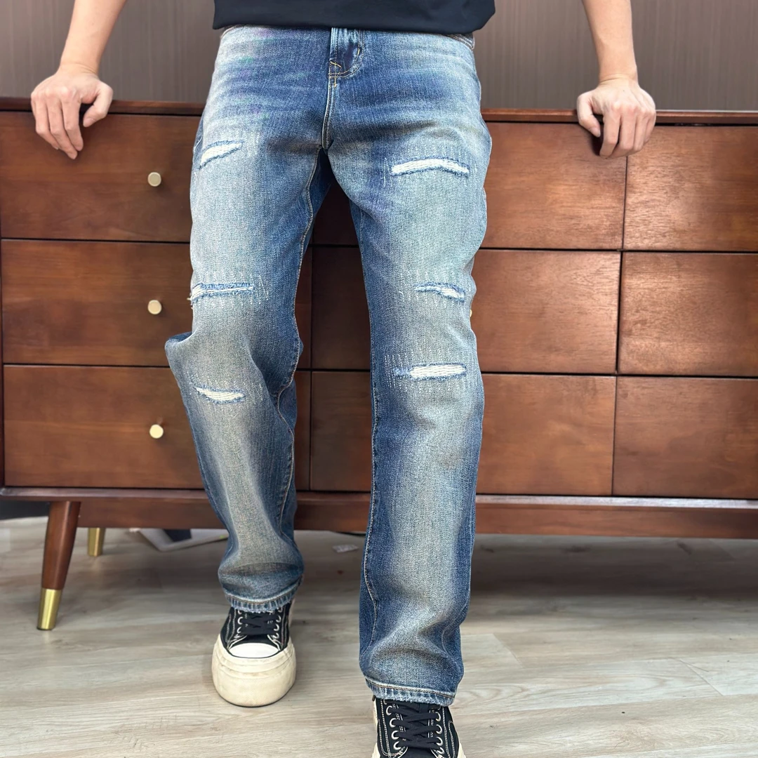 SAN SI ER JIU 美式破洞直筒高腰牛仔裤