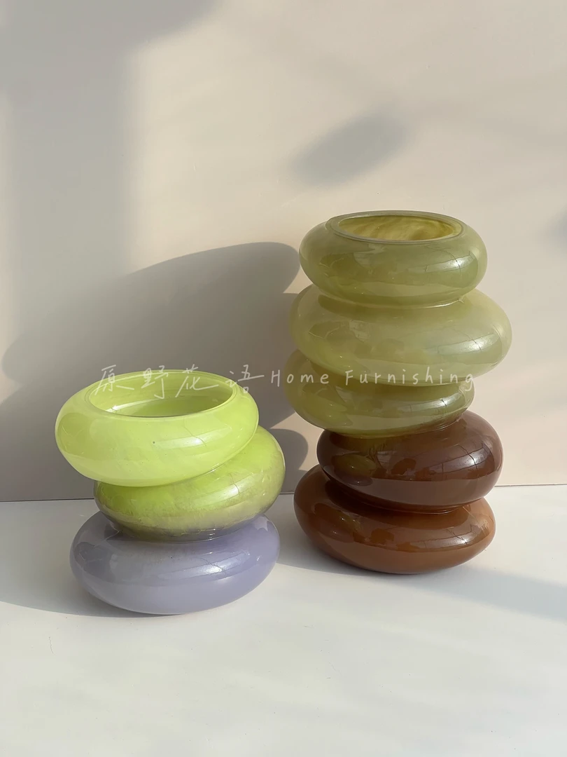 中古玻璃花瓶客厅插花高级感百褶裙法式复古琉璃摆件餐桌软装饰品