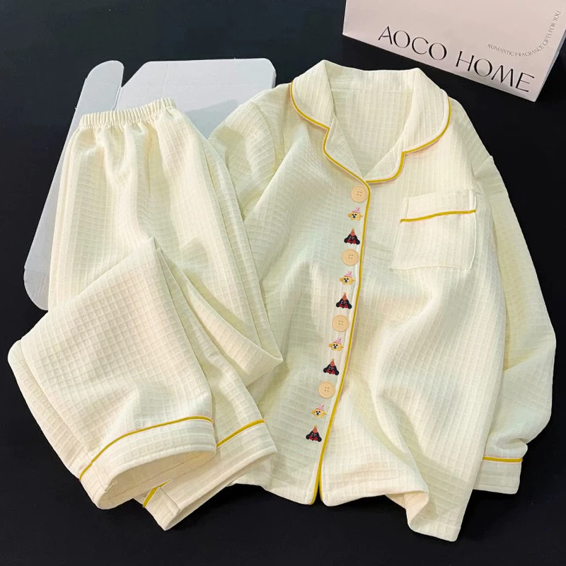 睡衣女秋冬季空气夹层棉开衫长袖长裤宽松保暖休闲感小刺绣家居服