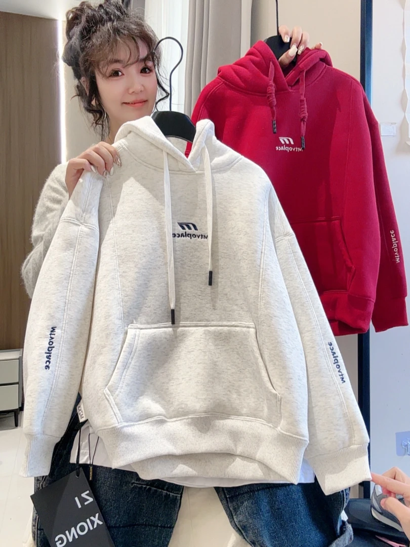 【袖拼接刺绣帽衫】宽松休闲韩版连帽男童女童冬季加绒加厚保暖潮服