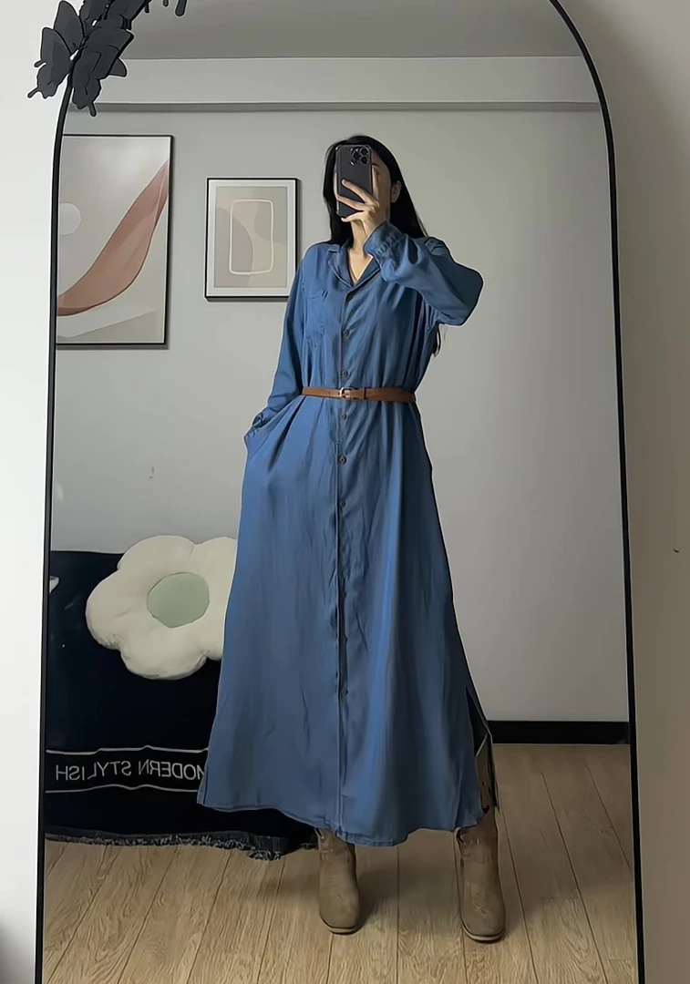 Mira 新款法式翻领显瘦长款连衣裙～
