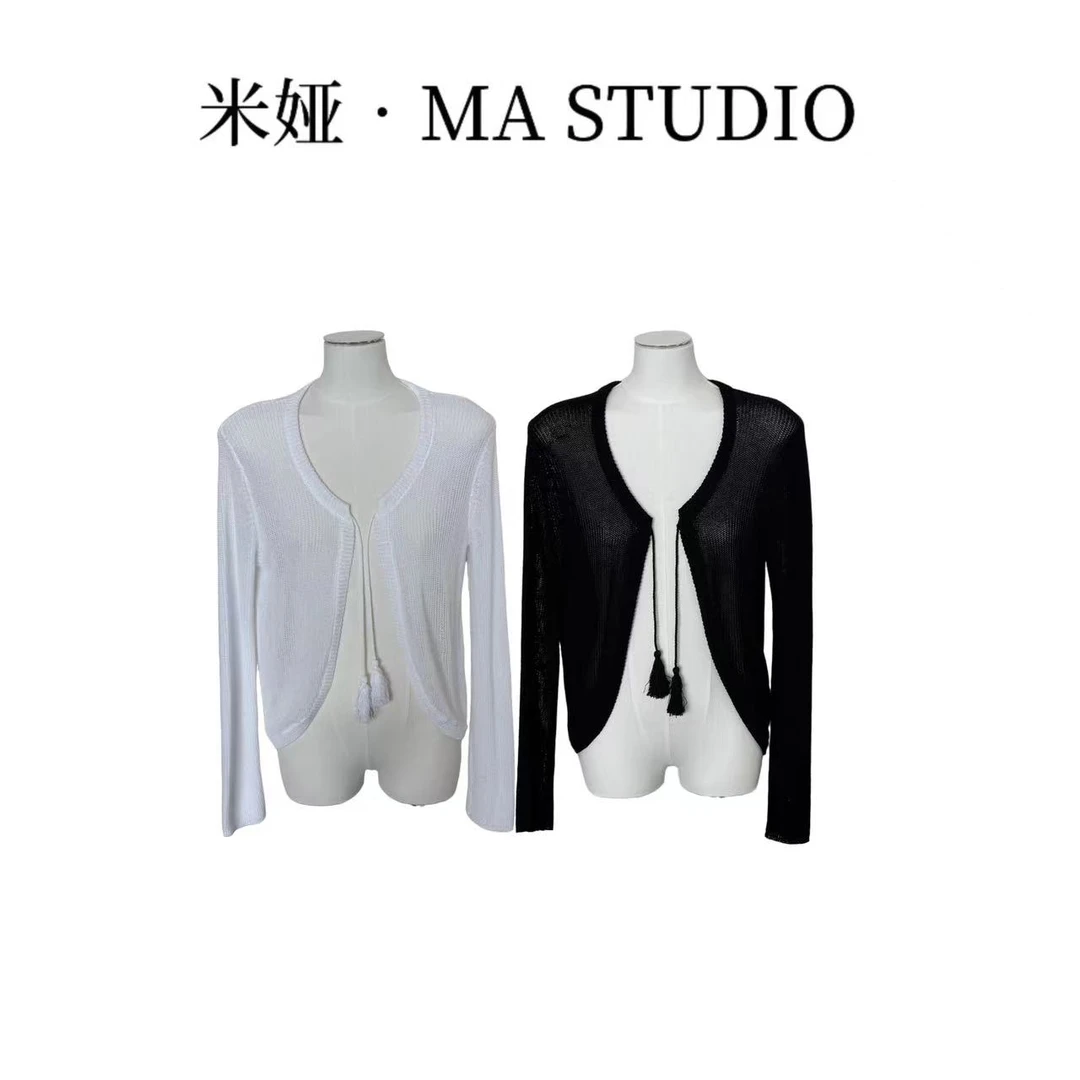 上衣米娅.MA自制私服新款气质休闲防晒薄款系带外搭白色针织开衫