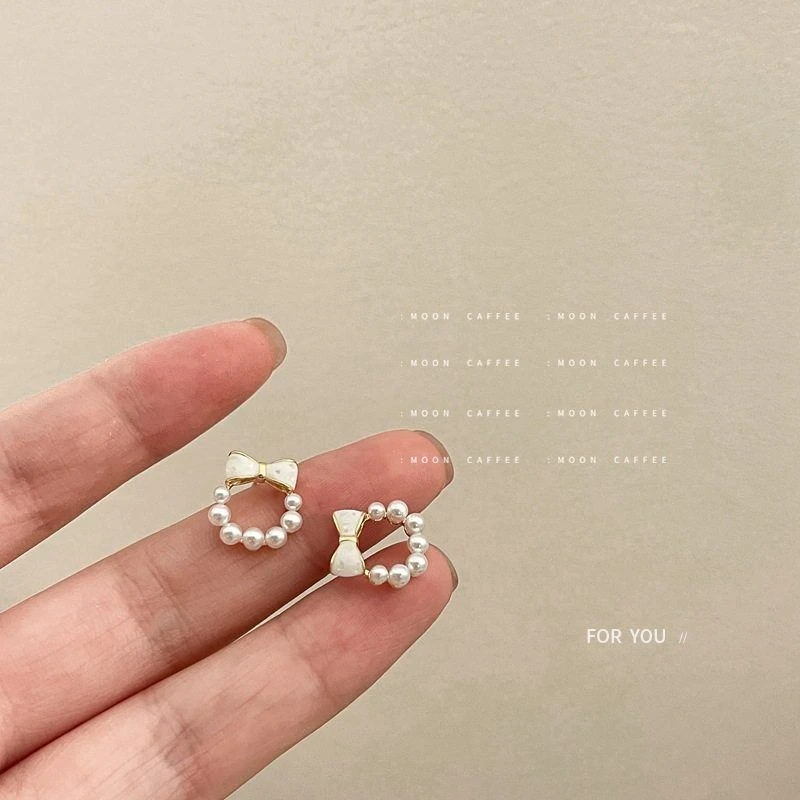 铜合金仿珍珠耳饰 滴油蝴蝶结耳钉碎精致圆形耳环银针新女贝壳20