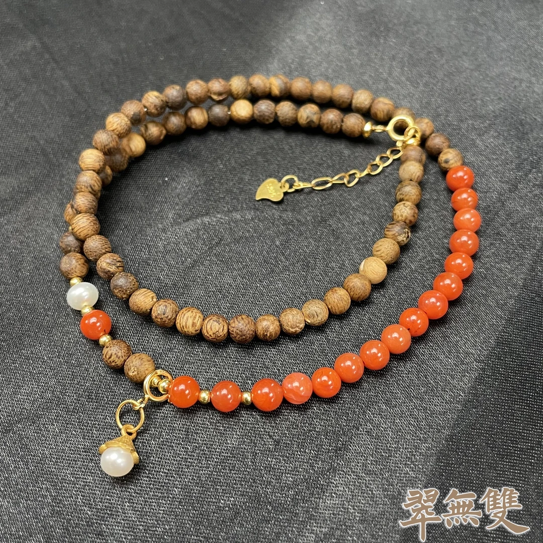 沉香【翠无双】高品质沉香南红珠子手串一条 | 多样性发一