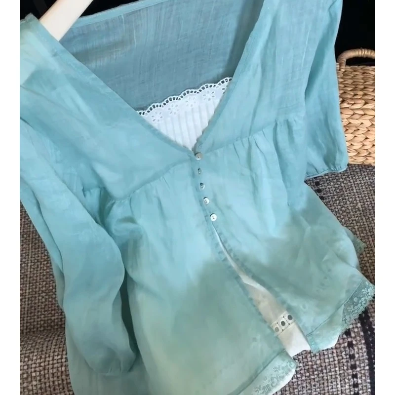 2025夏季韩系复古超薄宽松绝美仙女风设计感显瘦宽松v领开衫上衣