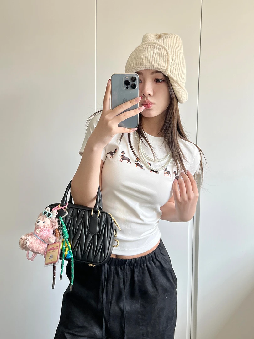 美式高街头甜辣正肩短袖T恤女印花小狗夏季新款修身辣妹短款上衣