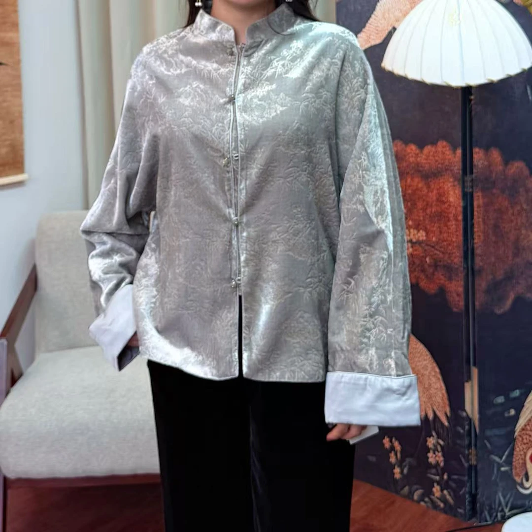 007F 秋季新款100%桑蚕丝立领珠扣暗纹竹叶复古提花洋气丝绒外套