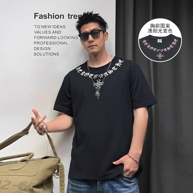 【楹总专属-双色光感..】T1983夏季新款克家光感刺绣烫钻短袖潮流