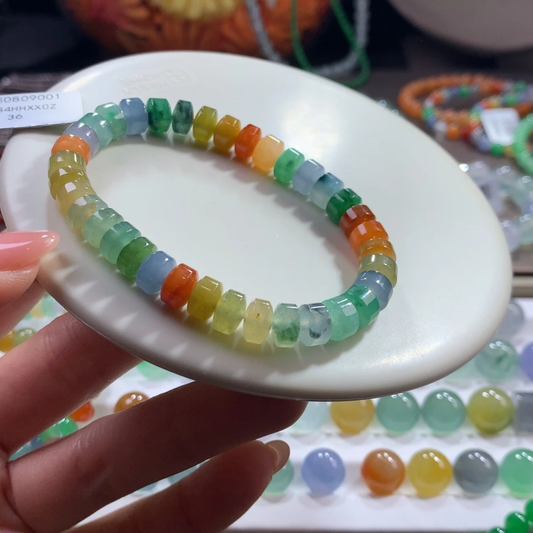 翡翠未镶嵌手链胶润浓艳彩虹桶珠卡7.3-7.6