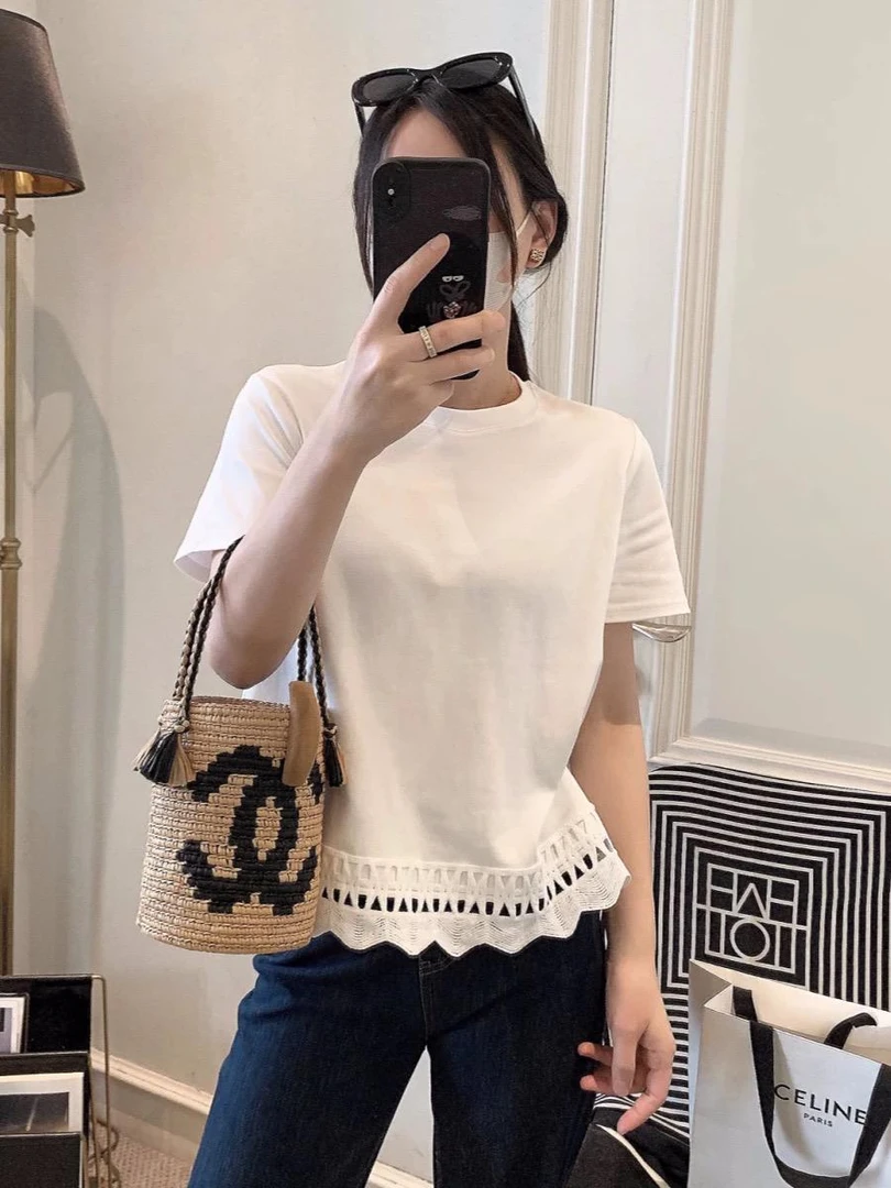 2025春夏新款韩版时尚圆领下摆镂空设计短袖T恤女宽松显瘦百搭