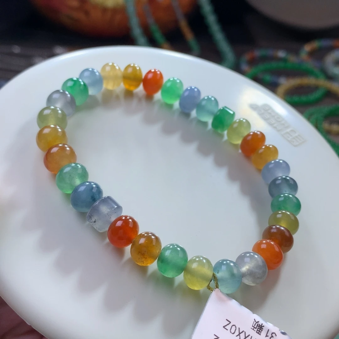 未镶嵌手链翡翠性价比高品质冰浓艳彩多巴胺彩虹鼓珠卡7.8~8