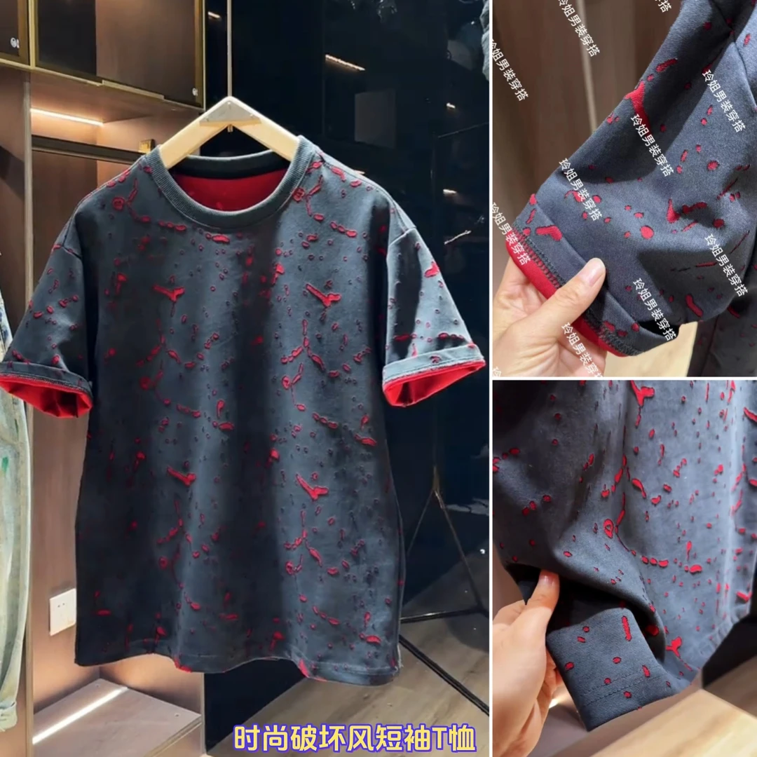 2025夏季新款时尚破坏风痞帅百搭短袖T恤短袖男装圆领宽松半袖T恤