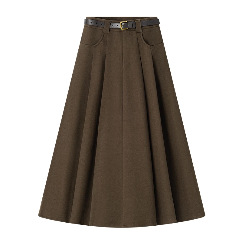 2025裙子显瘦高腰时尚百搭复古毛呢中长款秋冬气质卡其色秋季A字