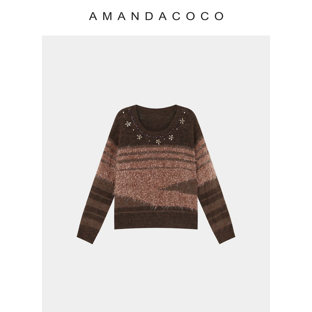 静静 | 暮色朦胧～25秋冬设计感串珠撞色亮丝软糯气质长袖毛衣