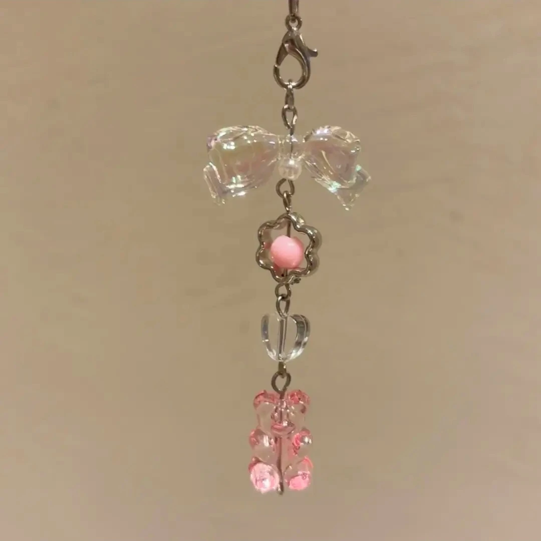 粉色系可爱小熊挂件极光蝴蝶结挂绳手机链女生包包汽车钥匙扣挂饰