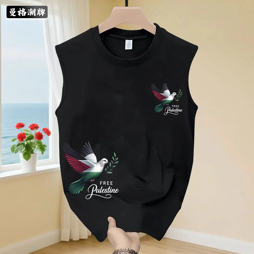夏季宽松休闲美式个性和平鸽印花男女圆领纯棉无袖背心T百搭潮流