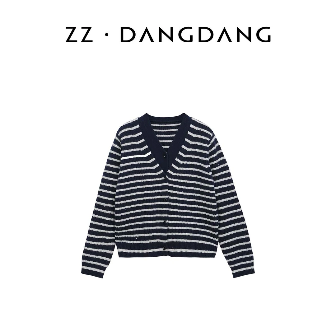 ZZ·DANGDANG25秋冬100绵条纹羊毛假两件V领针织开衫女21125190