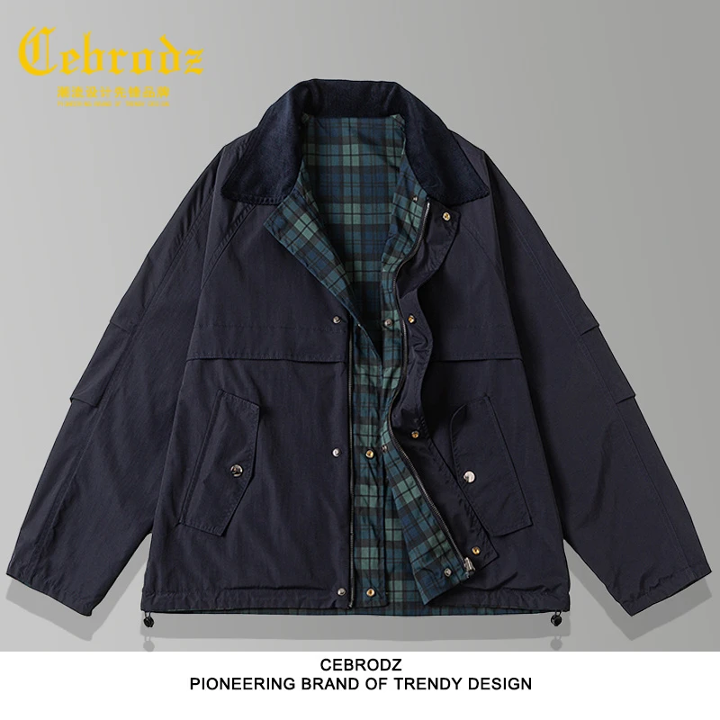法国Cebrodz复古格子拼接工装外套男士宽松户外秋冬百搭休闲夹克
