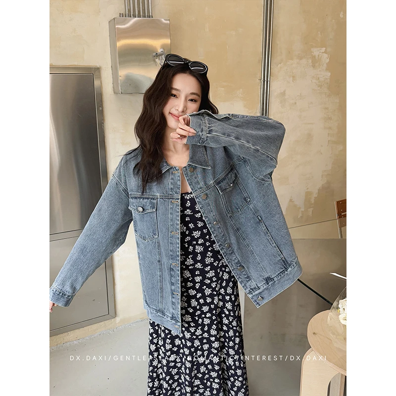 代大喜【蓝缎】复古百搭通勤蓝色牛仔外套2025春季新款宽松休闲夹克
