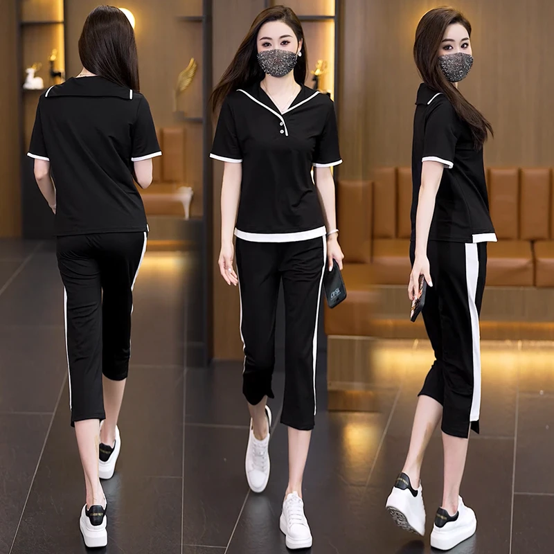 2025夏装新款短袖时尚休闲套装洋气减龄拼色七分裤两件套