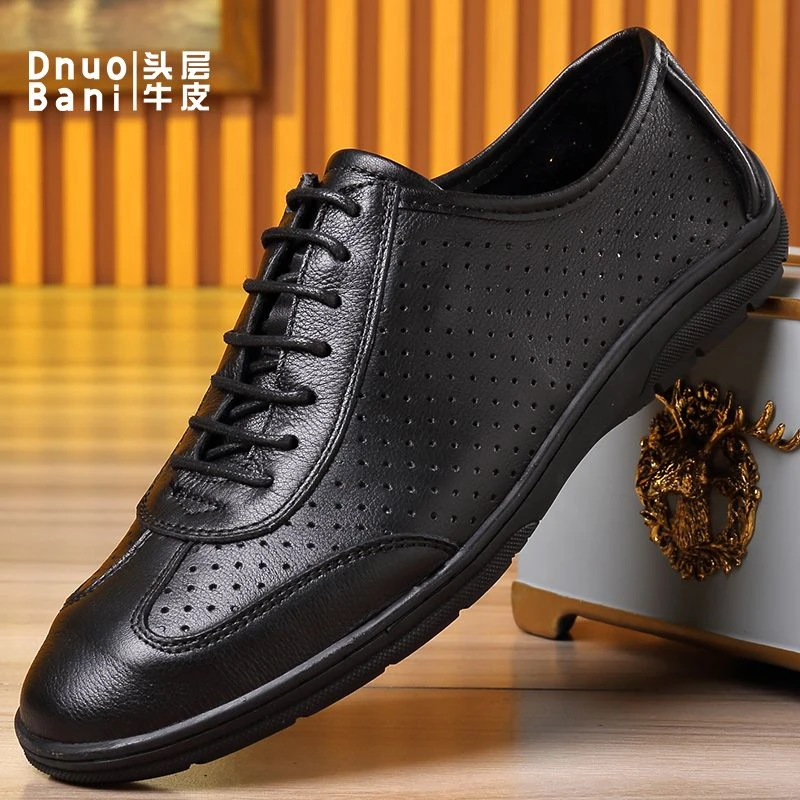 渡诺班尼镂空透气男士休闲皮鞋耐磨轻便网面中年爸爸鞋镂空皮凉鞋