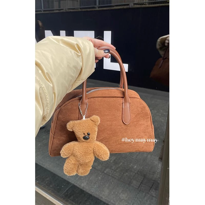 ‘首尔艺术生’今年新款秋冬韩国小众设计麂皮绒波士顿复古手提包包