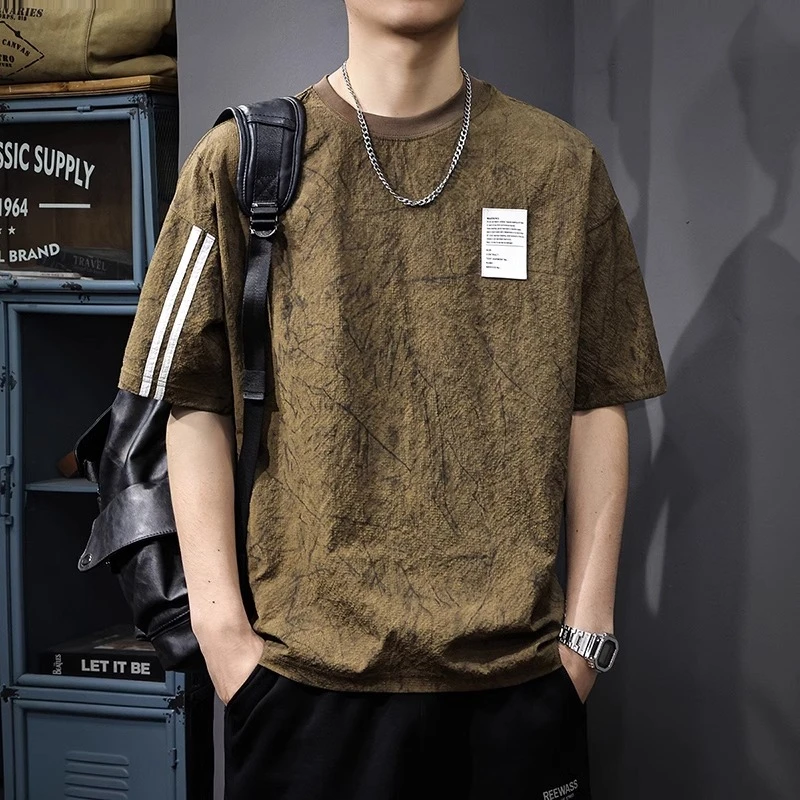 MR.MUDI/穆迪先生2025夏季新款冰丝条纹男短袖t恤美式潮流肌理感