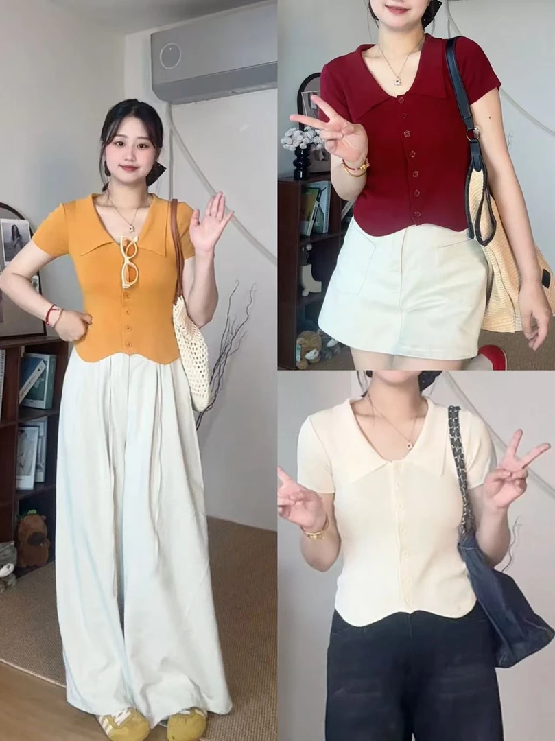 MAMIE【博主穿搭】polo翻领开叉飞飞短袖针织开衫女夏小众上衣