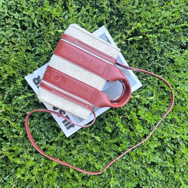 95新 Chloe/蔻依 棕色mini Woody毛毡托特包手提包斜挎包