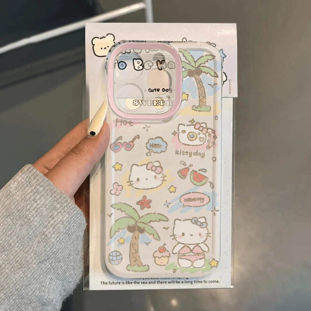 新年款适用苹果15pro系列超薄度假椰树kt猫简约防摔硅胶手机壳