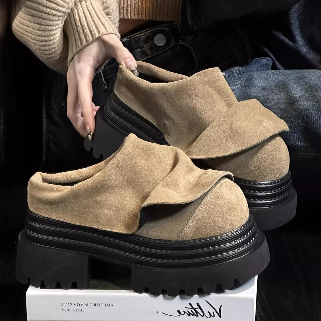 磨砂皮松糕厚底包头半拖鞋女外穿复古休闲百搭小个子增高勃肯拖鞋