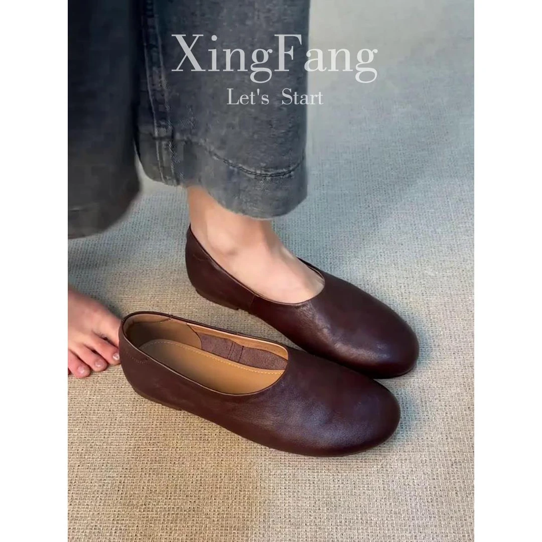 牛皮版~复古圆头真皮单鞋女新款百搭一脚蹬平底棕色小皮鞋奶奶鞋