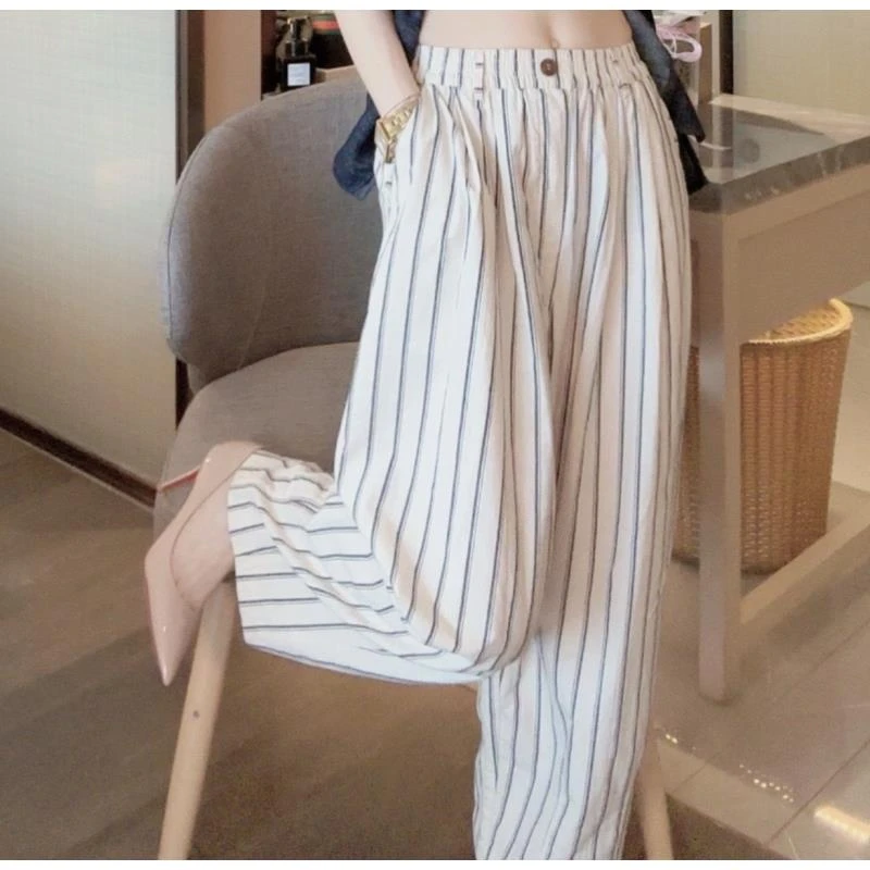 【悦悦专属】夏季松紧腰竖条纹瘦版阔腿裤S8029