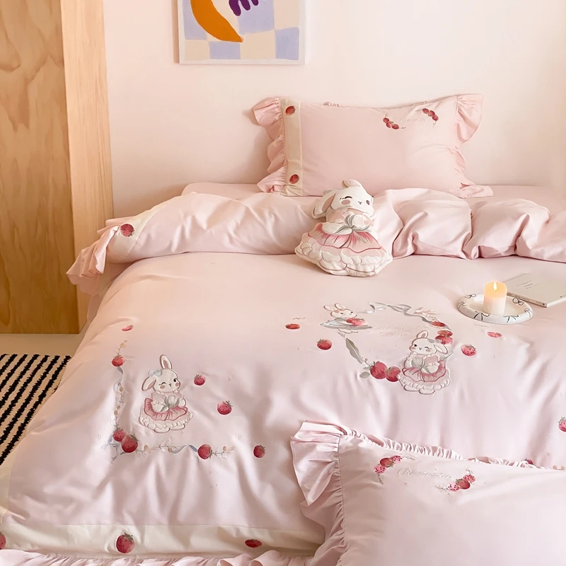 秋冬少女草莓兔100支全棉磨毛四件套公主风纯棉被套加厚床单床品
