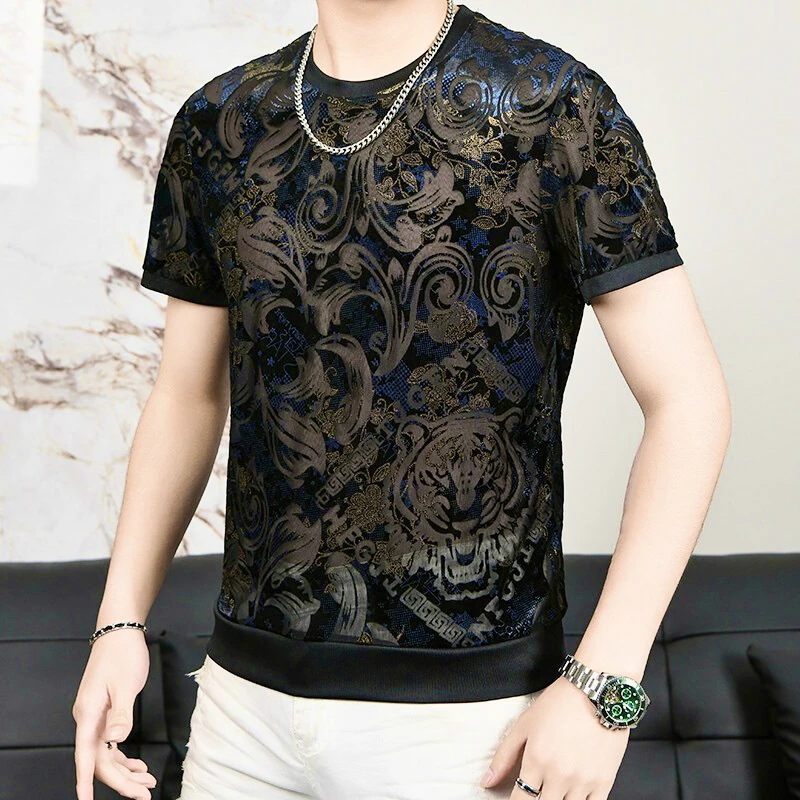 男士轻奢款立体植绒烧花镂空虎头欧货时尚款圆领短袖