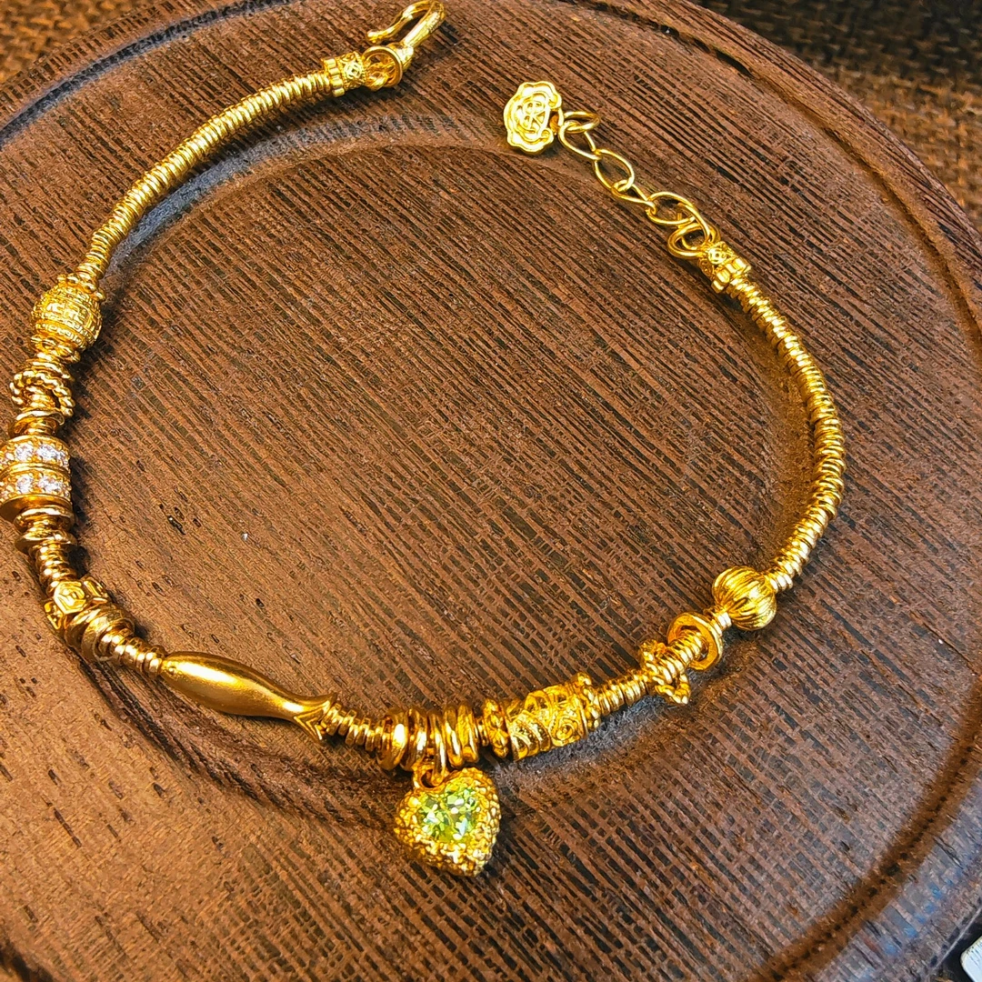 足金999珐琅彩绿色熔岩爱心金鱼细盘缠可调节手链 05220014