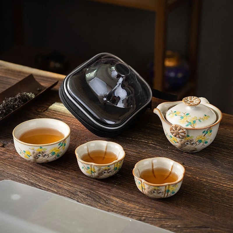 lx789猫咪汝窑一壶三杯户外便携式家用旅行茶具