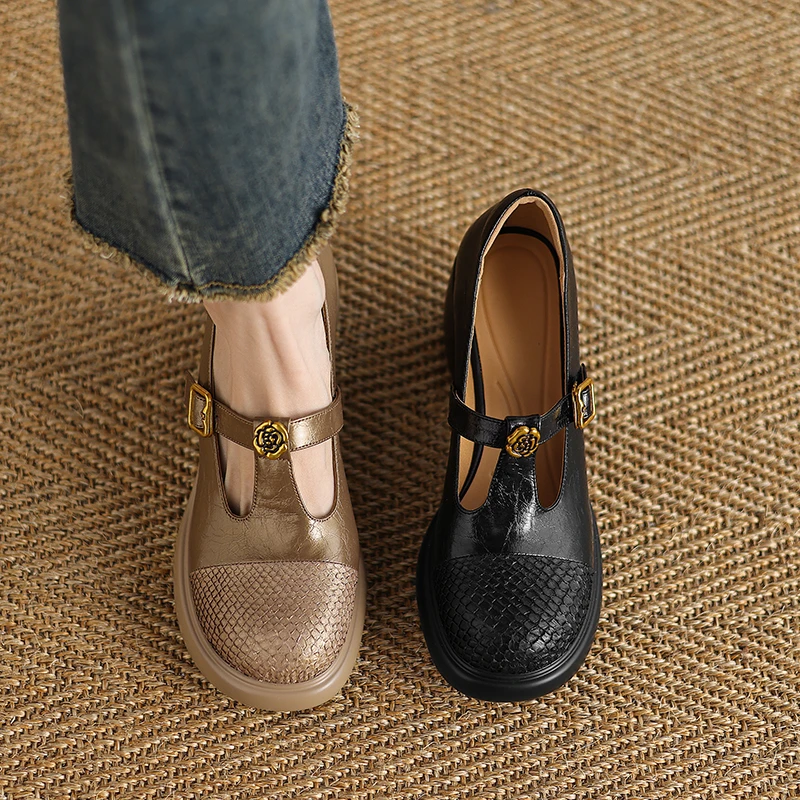 牛皮/8cm/时尚百搭舒适小个子增高跟粗跟厚底玛丽珍真皮单鞋女鞋