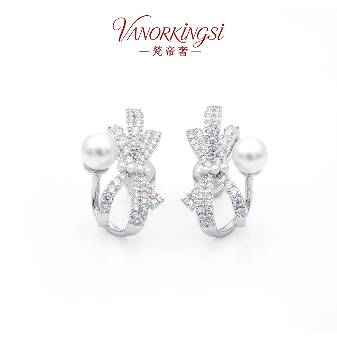 铜合金耳饰 925银针蝴蝶结贝珠耳钉精致简约时尚百搭耳饰 | F8158