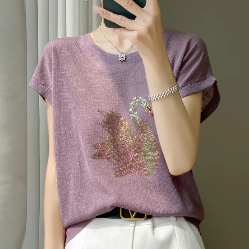 【现货宠粉】新款圆领短袖女显瘦套头短款洋气简约夏季针织打底T恤