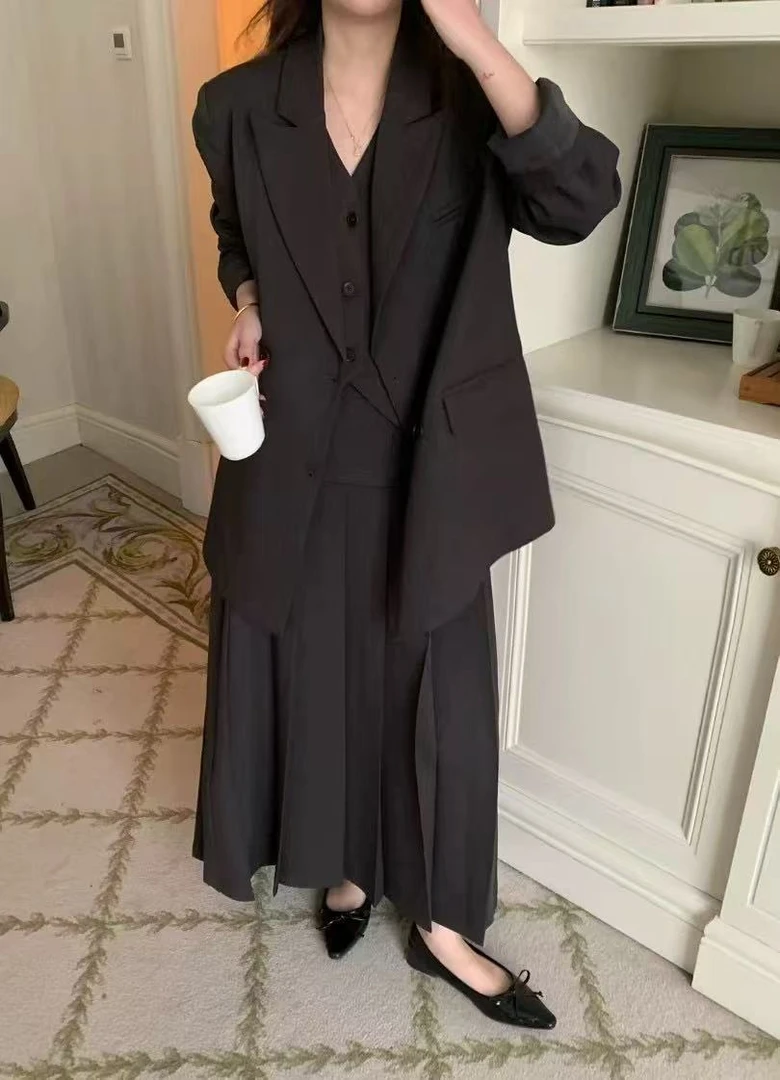 CHUMU/储慕【西装三件套】西装外套＋马甲背心＋半身裙宽松三件套装